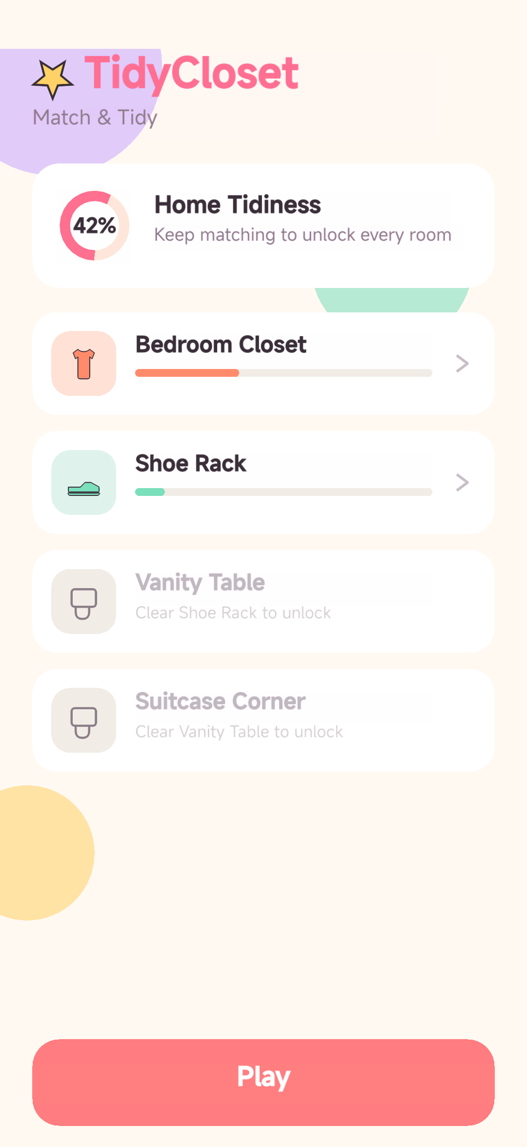 TidyCloset room map with Bedroom Closet, Shoe Rack, Vanity Table and Suitcase Corner